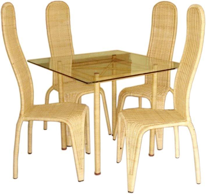 Dining set including square glass table and four rattan chairs